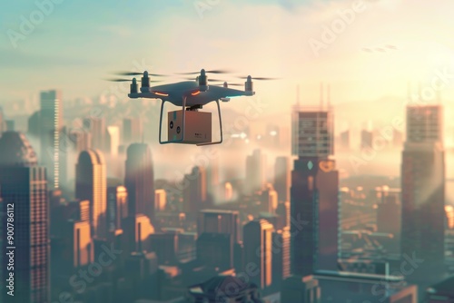 Modern High-Tech Drone Delivery Over Urban Landscape at Sunset - Innovative City Logistics