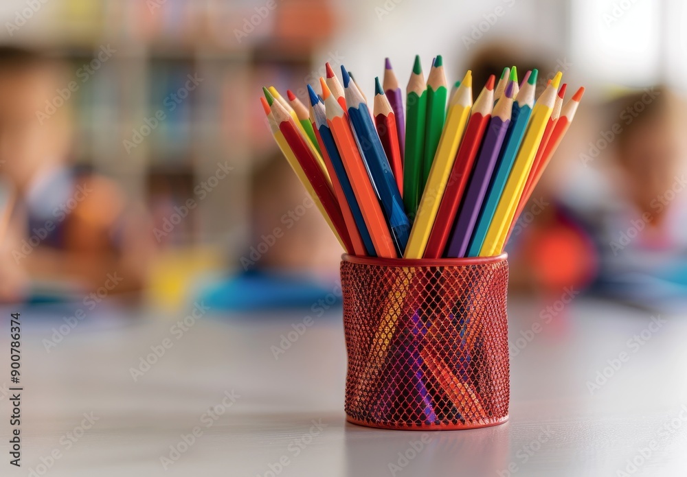 Blurred background of an elementary school classroom with children sitting at desks and colorful pencils Blurred background of an elementary school classroom with children sitting at desks and colorful pencils