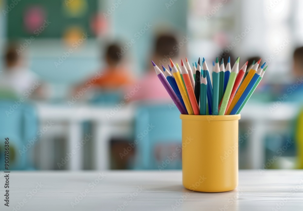Blurred background of an elementary school classroom with children sitting at desks and colorful pencils Blurred background of an elementary school classroom with children sitting at desks and colorful pencils