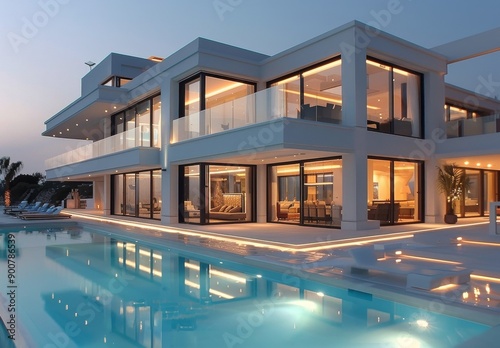Modern Home Swimming Pool At Dusk