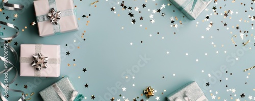 Gifts and Confetti on Blue Background