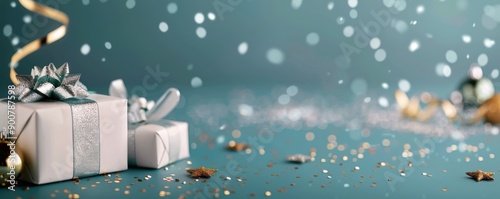 Gifts and Confetti on Blue Background