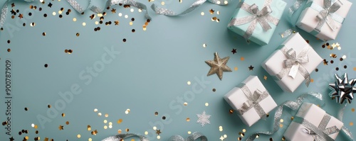 Gifts and Confetti on Blue Background