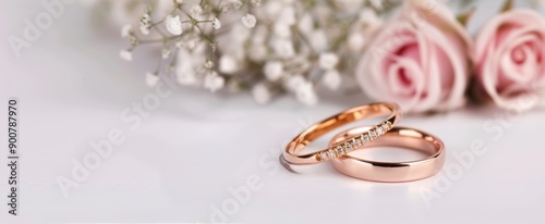 Rose and Wedding Bands on White Table