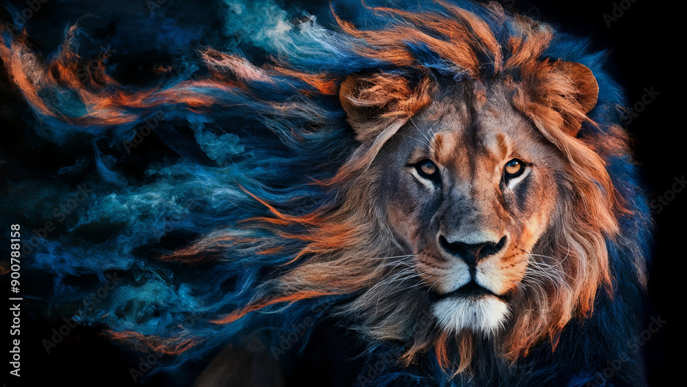A majestic lion with a mane that appears to be in motion, swirling with vibrant hues of blue and orange. A majestic lion with a mane that appears to be in motion, swirling with vibrant hues of blue and orange.