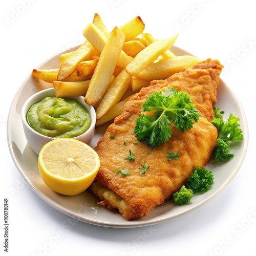 Crispy Fried Fish and Chips With Mushy Peas and Lemon Wedge. Generative AI