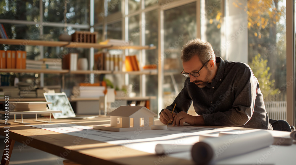 Architect Working on Model House in Modern Bright Office with Large Windows