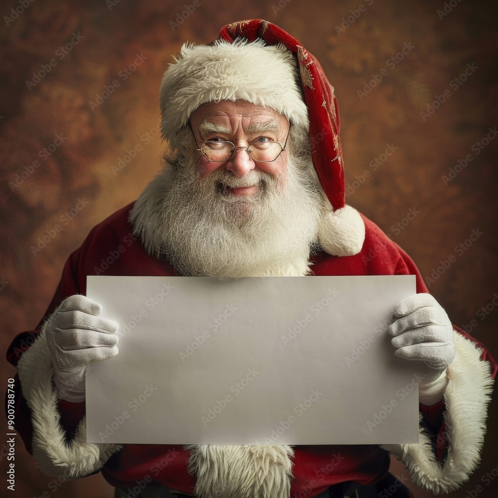 Santa Claus holding a blank sign ready for holiday messages and Christmas greetings Santa Claus holding a blank sign ready for holiday messages and Christmas greetings