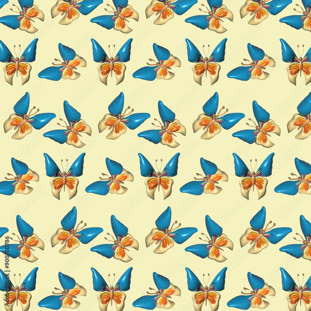 Butterfly with orange veins and antennae on yellow background. Repeating pattern, 3D rendering illustration Butterfly with orange veins and antennae on yellow background. Repeating pattern, 3D rendering illustration