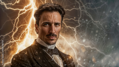 Portrait of Nikola Tesla with dramatic background of lightning bolts, highlighting his innovative spirit and contributions to electricity and technology.