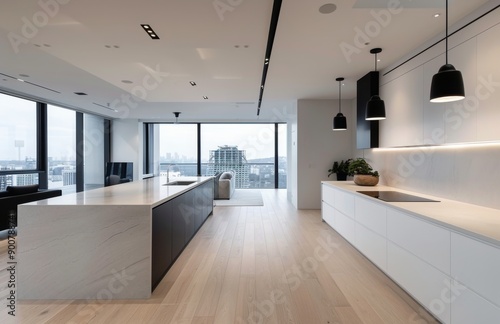 Modern Kitchen and Living Room With City View
