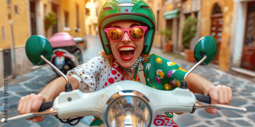Fototapeta Naklejka Na Ścianę i Meble -  Happy woman riding scooter wearing green helmet and sunglasses in italian town