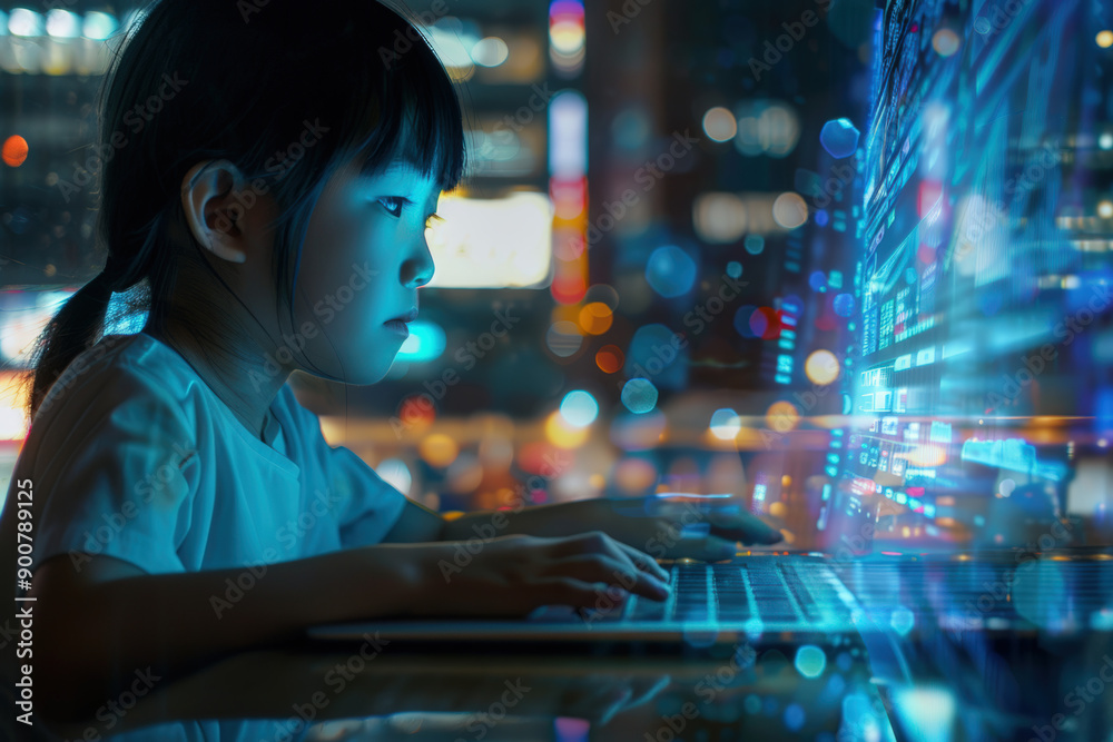 little girl with a sophisticated laptop in the future shopisticated technology