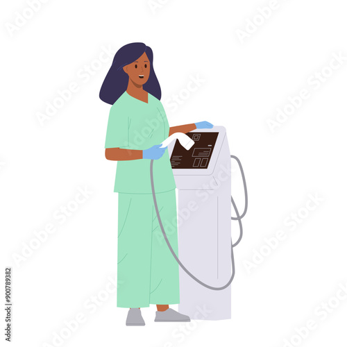 Woman cosmetician cartoon character working on laser epilation apparatus vector illustration