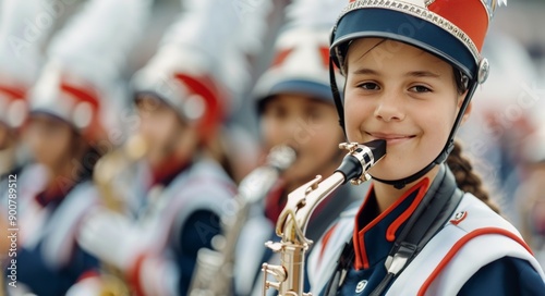 Young Woman Playing Saxophone in Marching Band
