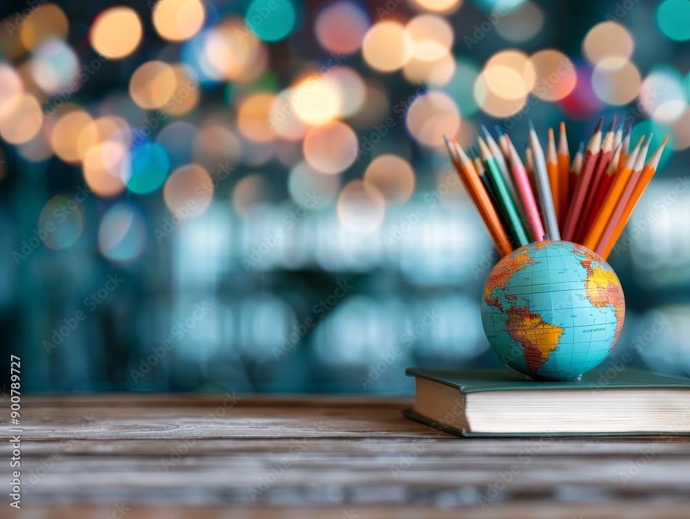 Savvy teacher's desk with globe, books and pencils on chalkboard background Savvy teacher's desk with globe, books and pencils on chalkboard background