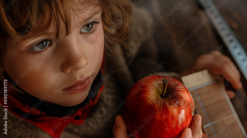 Thoughtful Child with Apple and Measuring Tool, Close-Up, Indoor Light Thoughtful Child with Apple and Measuring Tool, Close-Up, Indoor Light