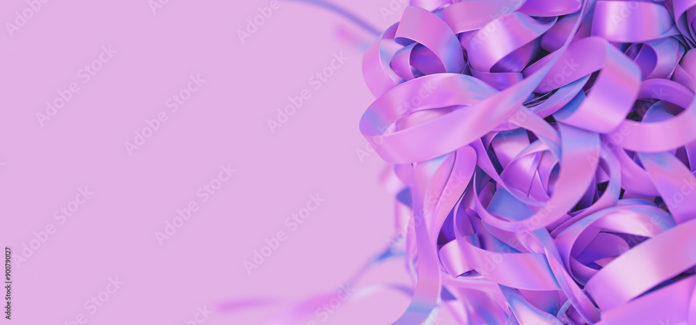 Fototapeta premium Closeup of holographic neon stripes ball. Shiny iridescent threads folds. 3d render illustration