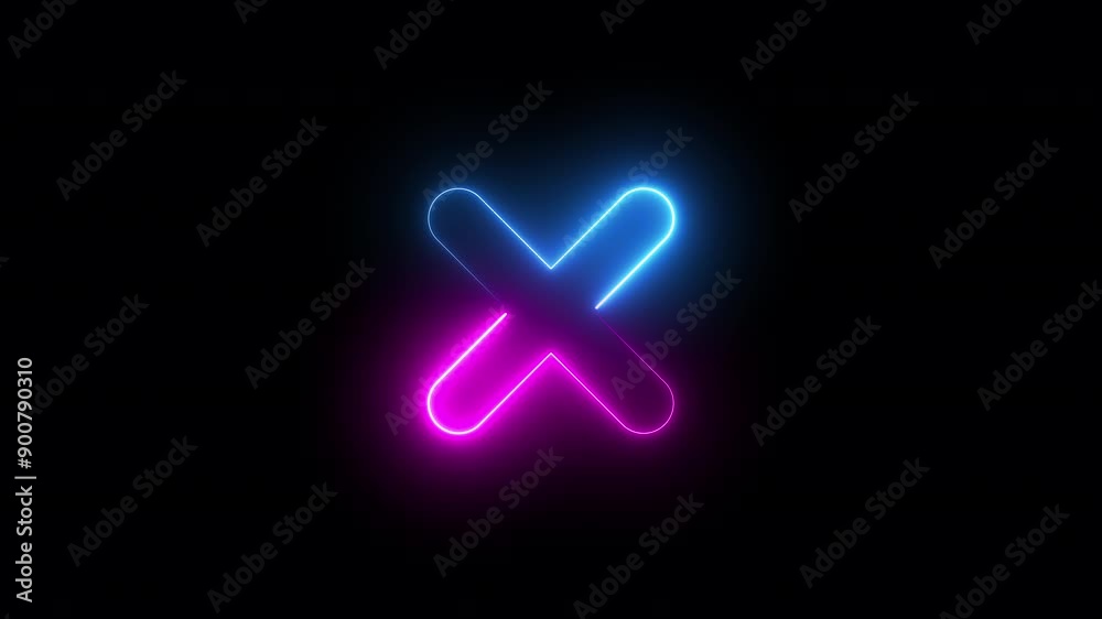 neon animation of cross on black background, fast moving blue and pink rays to both sides. glowing lines, 4K animated seamless loop template