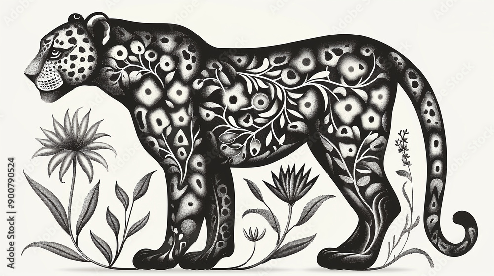 Obraz premium beautiful black and white line drawing of a traditional zodiac leopard