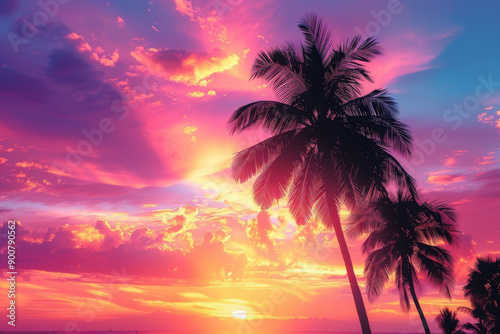 A vibrant pink and orange sunset sky with the silhouette of an isolated palm tree, creating a tropical background for travel advertising or vacation
