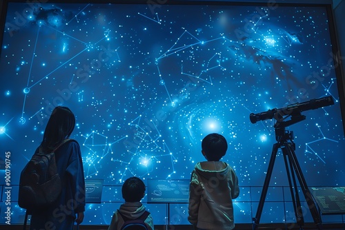 Children observing a digital star map through a telescope in a planetarium with a vibrant night sky full of stars and constellations.