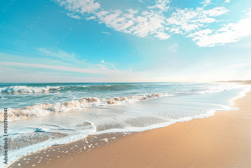 Obraz premium Scenic image of the sea with a clear blue sky, showcasing serene and tranquil beauty. Perfect for themes of nature, relaxation, and coastal landscapes