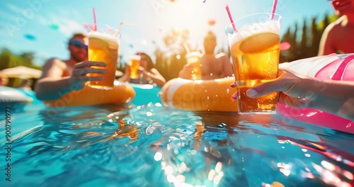 Summer pool party fun: friends with cold beers and cocktails, inflatable pool floats, and bright sunlight