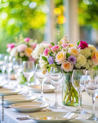 White Tablecloth With Colorful Flower Arrangements in Clear Glasses. Generative AI © Irina