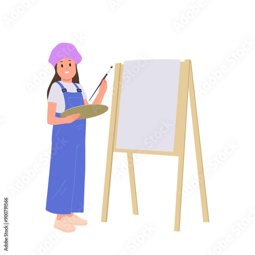 Cute preteen girl artist cartoon kid character drawing picture on easel canvas at craft workshop
