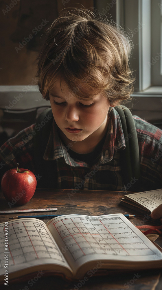 Little Boy Reading with Apple on Desk, Pensive Mood, Rustic Classroom Little Boy Reading with Apple on Desk, Pensive Mood, Rustic Classroom