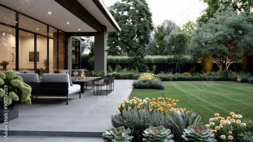 Modern Patio With Lounge Seating and Dining Table