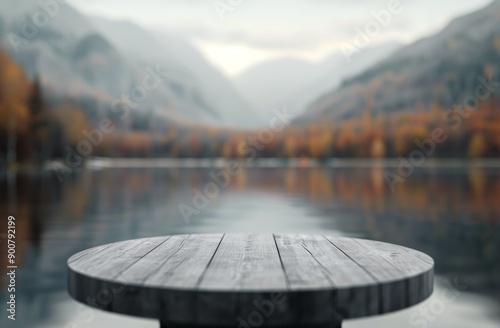 Wooden Table Overlooking Foggy Lake