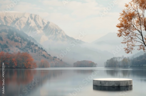 Wooden Table Overlooking Foggy Lake