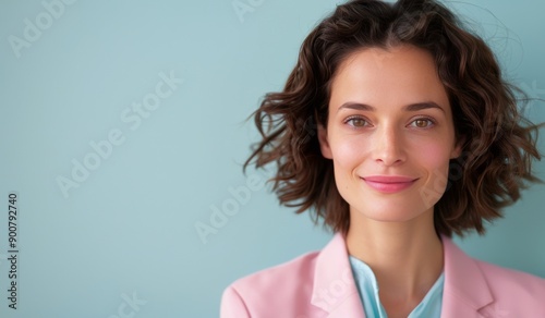 Woman Smiling in Pink Blazer Against a Blue Wall