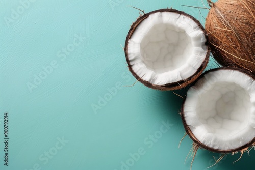 Coconut Halves on Turquoise Background