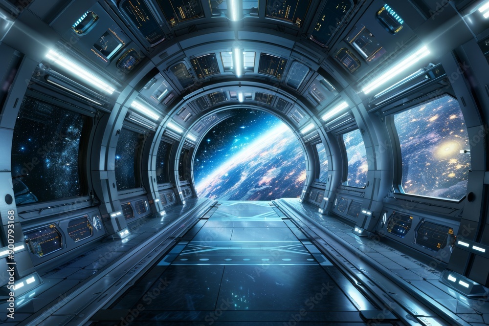 Futuristic space tunnel with glowing lights and views of distant stars and planets, creating a sense of adventure and exploration. Futuristic space tunnel with glowing lights and views of distant stars and planets, creating a sense of adventure and exploration.