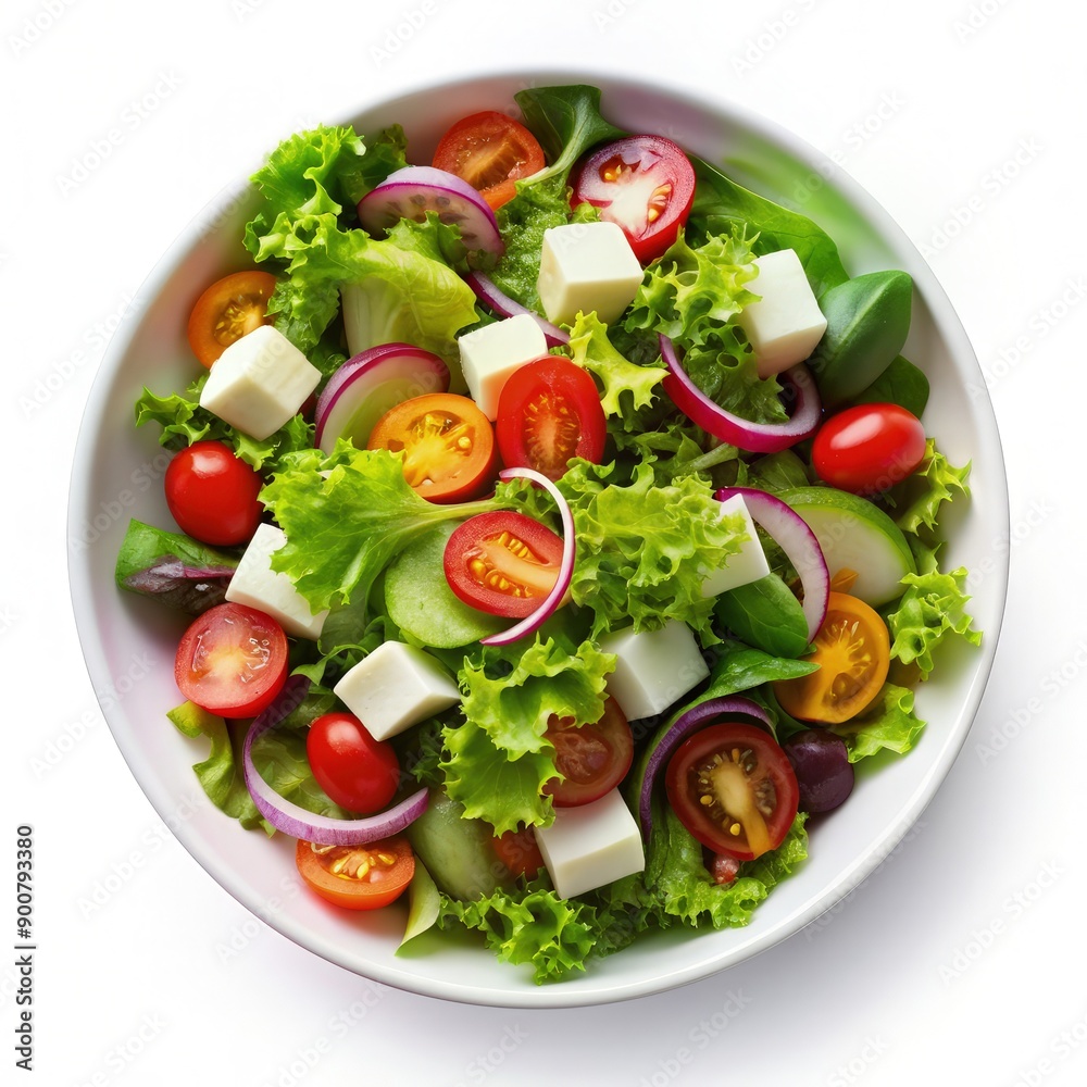 Fresh Green Salad With Tomatoes, Feta Cheese, and Red Onion in White Bowl. Generative AI Fresh Green Salad With Tomatoes, Feta Cheese, and Red Onion in White Bowl. Generative AI