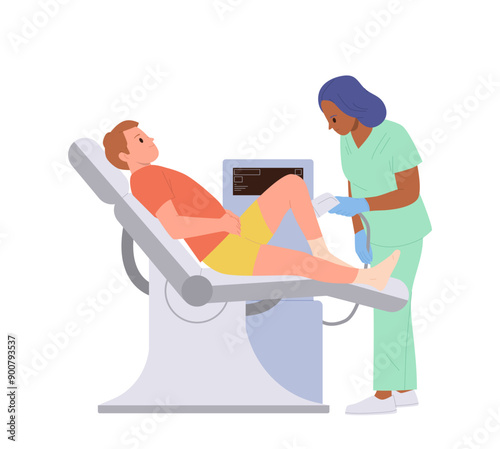Beautician doing photoepilation or laser epilation of legs for man using professional equipment