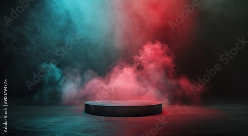 Round Platform In Fog With Red And Blue Lighting