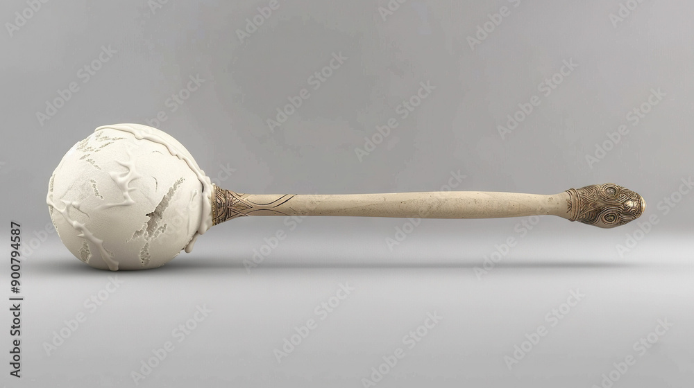 A clearer and more concise version could be A close-up photo of a wooden ball and stick, both painted white A clearer and more concise version could be A close-up photo of a wooden ball and stick, both painted white