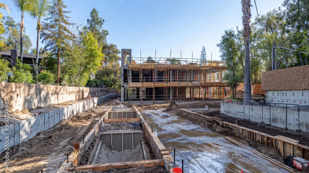 Construction site of modern house in sunny wooded area
Construction site of modern house in sunny wooded area