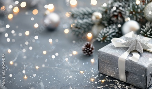 Silver Gift Box With Lights And Pine