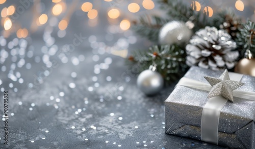 Silver Gift Box With Lights And Pine