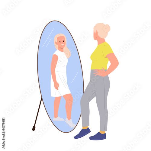 Elderly woman cartoon character front of mirror with young girl reflection vector illustration