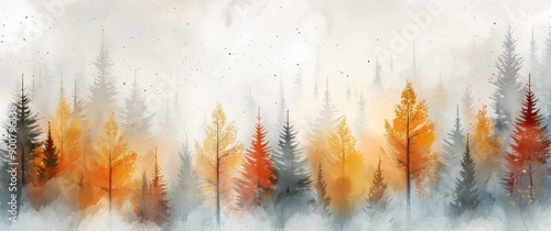 Watercolor Forest in Autumn Mist