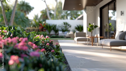 Pink Flowers In Front Of Modern Patio
