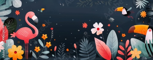 Flamingo and Toucans in a Tropical Garden