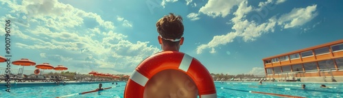 Lifeguard watching over swimmers at a pool