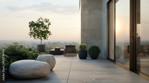 Pink Flowers In Front Of Modern Patio